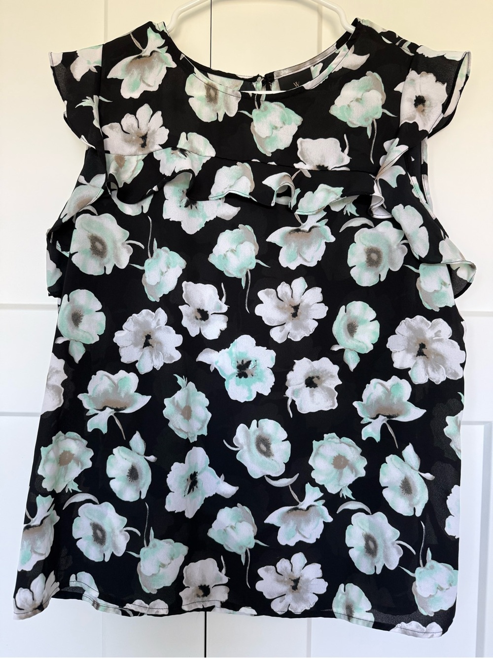 Worthington Black Blouse with Mint & White Floral Print